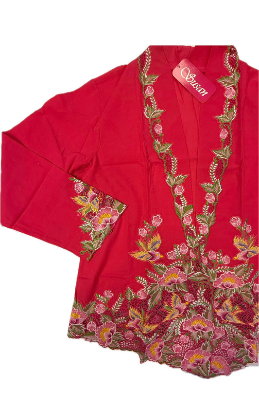 Red Floral Peranakan Double Sided NM Threads Embroidery Top