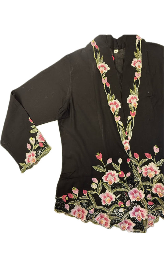 Black Floral Peranakan Single Sided Embroidery Top