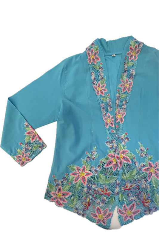 Blue Floral Peranakan Double Sided NM Threads Embroidery Top